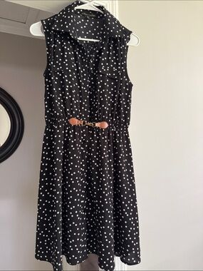 Sleeveless Black Polka Dot Shirt Dress with Tan Belt